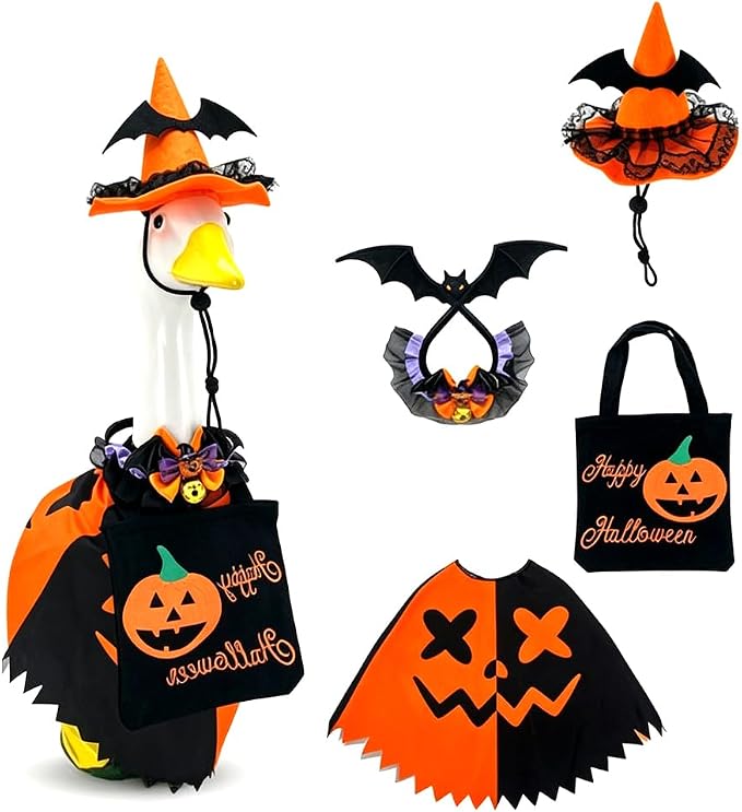 Halloween Porch Goose Outfits for 23'' Lawn Geese Statue Goose Costume with Witch Hat Pumpkin Outfits Bow Candy Treat Bag, Outdoor Garden Goose Decor for Patio Yard Lawn Art Halloween Ornament