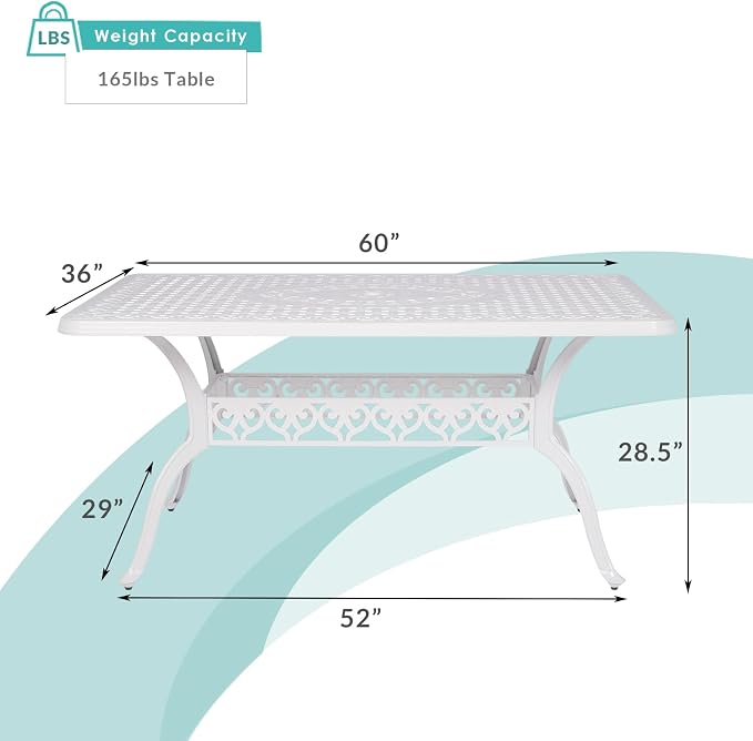 MEETWARM Outdoor 60" Rectangular Patio Dining Table, All Weather Cast Aluminum Large Patio Furniture Table Fits for 6-8 Person with 2" Umbrella Hole, White