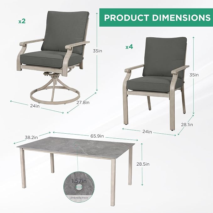 7-Piece Patio Dining Set, Grey Food-Grade Sintered Stone Dining Table with Umbrella Hole, 4 Dining Chairs and 2 Swivel Chairs with Grey Removable Thickened Cushions for Garden Lawn Yard