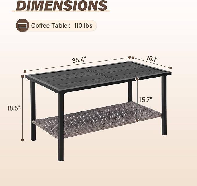 Sunset Escape Wicker Coffee Table, Rattan Rectangle Tea Table with Wood Grain Tabletop and 2-Tier Storage for Patio, Balcony and Garden, Black/Brown