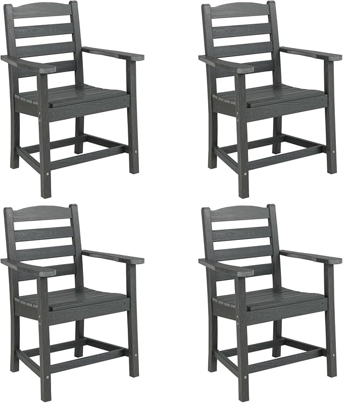 Tangkula Patio Dining Chairs Set of 4, HDPE All Weather Outdoor Chair w/Wide Armrests, Curved Seat, Wood Grain, Plastic Porch Chair for Backyard, Garden, Front Porch, Poolside (Gray, 4 Chairs)