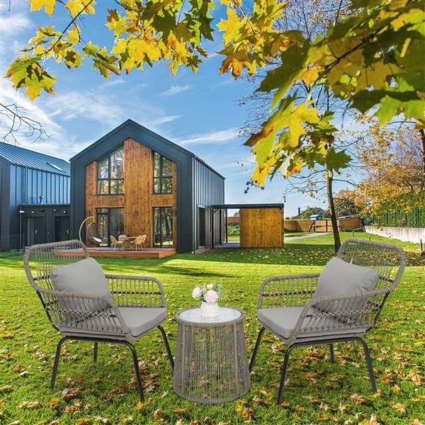Guest Patio Wicker Conversation Bistro Set Great by The Pool Comfortable Rattan Chair Conversation Sets with Tempered Glass Table