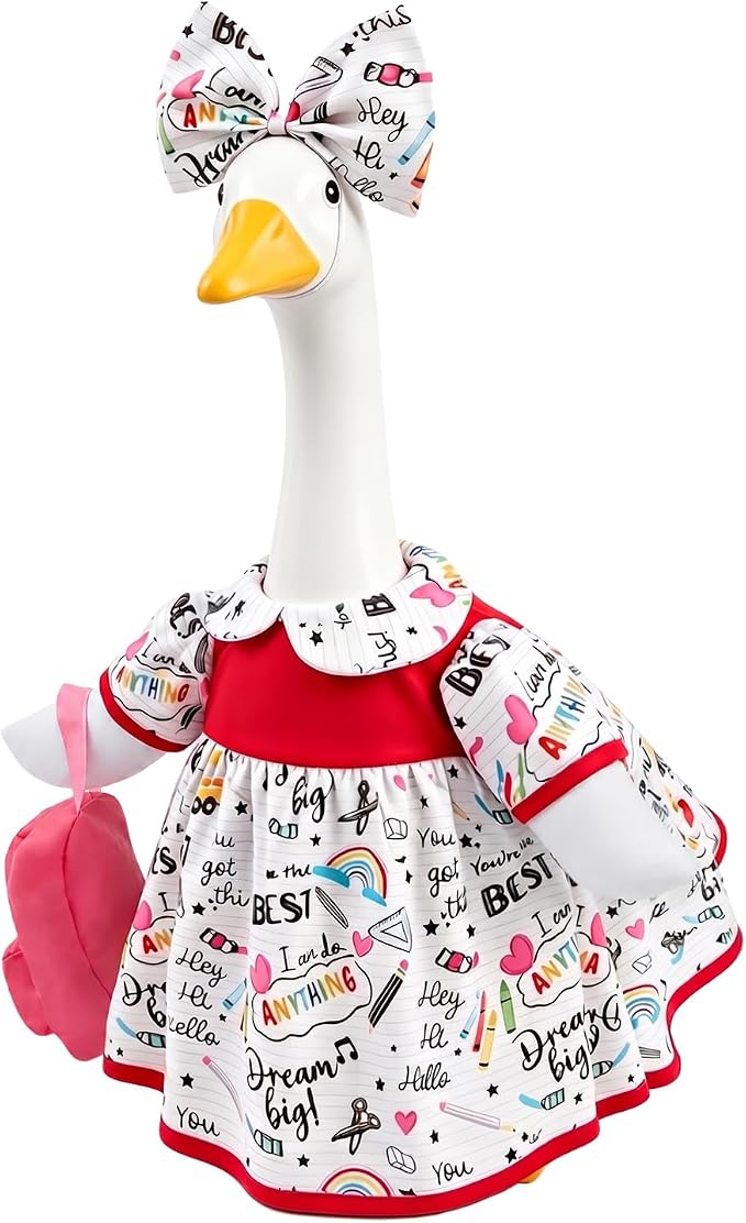 Back to School Porch Goose Outfit with Tote Bag & Bow, 23" Lawn Cement Goose Clothes for School Classroom, Patio Yard Garden Geese Decoration Gift for Mom Grandma