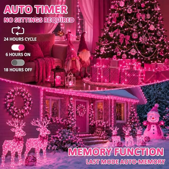 2 Pack 200 LED Battery Operated String Lights, Twinkle Fairy Lights Pink | 66FT 8 Modes Battery Lights Indoor Outdoor with Auto Timer, Waterproof Lights for Bedroom Party Porch Tree Holiday Decor