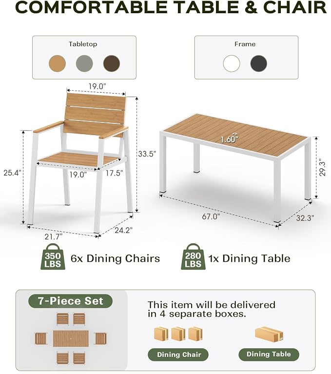 Vexwalx 7-Piece Outdoor Dining Set, Aluminum Dining Table Set for 6, Patio Table and Chairs Set with Umbrella Hole, All Weather HDPS Outdoor Table and Chairs for 6 (White-Teak)
