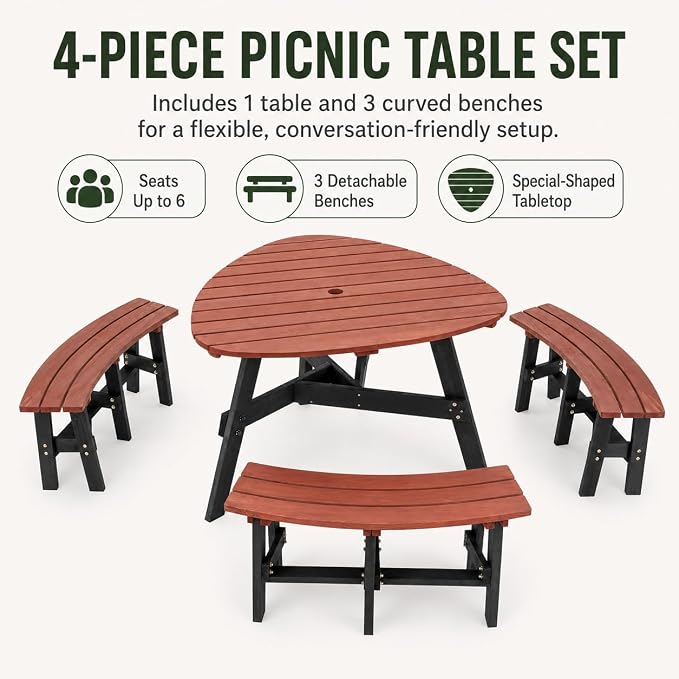 6-Person Round-Style Outdoor Picnic Table with Umbrella Hole, Curved-Edge Patio Dining Table with 3 Attached Benches, Backyard Picnic Table Set for Garden, Deck, Lawn & Camping, Brown & Black