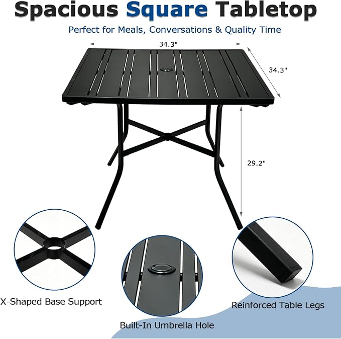 5 Piece Patio Dining Set with Black Outdoor Metal Table & 4 Hand-Woven PE Rattan Stackable Chairs for Backyard Garden Poolside, Black Chairs