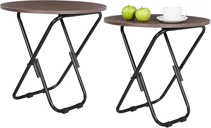 VECELO 17.7" Small Folding Table Set of 2,Round Patio Outdoor Side Table, Foldable Wooden Table with Weather Resistant Steel Frame, Patio Table for Camping Picnic Garden Small Space