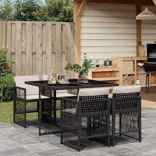 5-Piece Outdoor Patio Dining Set, Poly Rattan Garden Table and 4 Folding Chairs with Cushions, Space-Saving Cube Design, Black