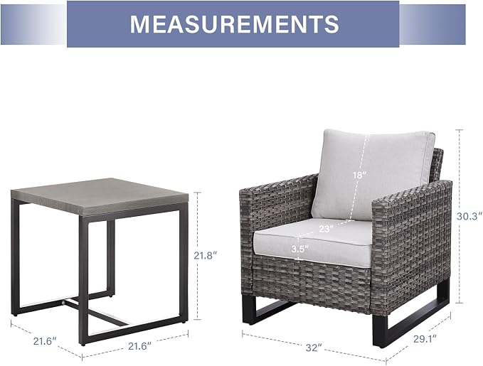 Luxury Wicker Outdoor Patio Chairs Set - 3 Piece Rattan Patio Furniture Bistro Chairs Set with Waterproof Wicker,Comfortable Cushions and Sturdy Metal Frame for Porch Deck Backyard(Mixed Grey/Beige)