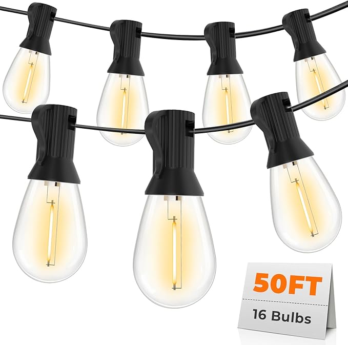 GvvooHome 50FT LED Outdoor String Lights with 16 Shatterproof Waterproof Replaceable Bulbs(1 Spare), 2700K Commercial Grade Patio Lights, Outside Hanging Light for Yard Garden Porch Deck Decor