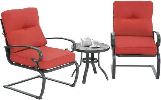 Outdoor 3 Pcs Patio Bistro Set Spring Motion Metal Lounge Chairs and Round Table, Steel Frame Conversation Set with Washable Cushions, Red