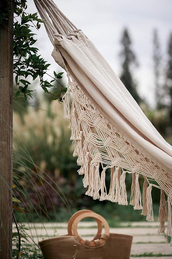 RISEON Handmade Boho Large Brazilian Macrame Fringe 2 Person Double Deluxe Hammock Swing Net Chair for Beach, Yard, Bedroom, Patio, Porch, Indoor, Outdoor, Wedding Decor 95" Lx 59" W