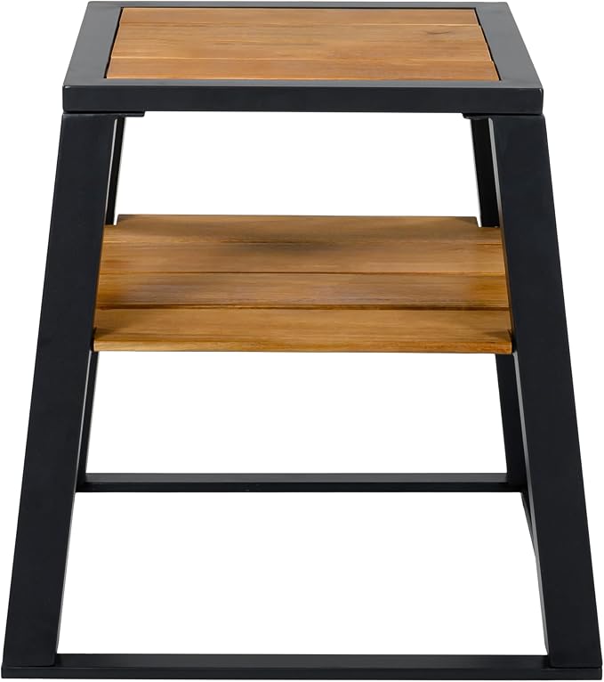 Christopher Knight Home Tova 2-Tier Acacia Wood Outdoor Side Table, Decorative Square Small Accent Table with Slatted Design, Weather Resistant Patio End Table with Iron Frame for Balcony, Teak+Black