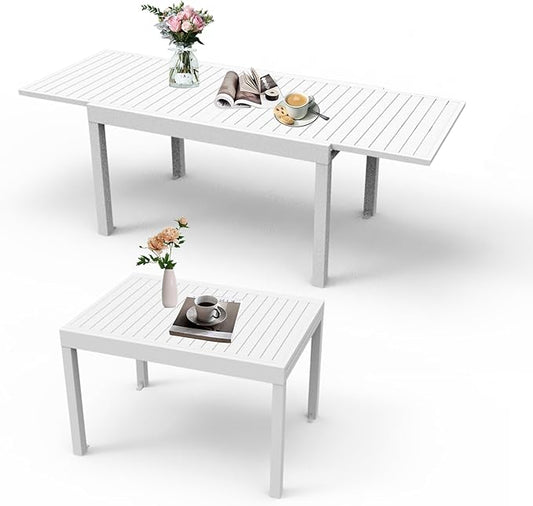 Domi Aluminum Patio Extendable Dining Table 35"- 71", Adjustable Indoor Outdoor Patio Dining Table with E-Coating for 4-6 Person Garden Lawn Porch Bistro Furniture, Elegant Ivory White