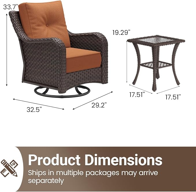 3 Pieces Outdoor Furniture Set with 6-inch Cushions, High Back Wicker Swivel Rocker Chairs with Coffee Table, Luxury Conversation Set for Deck Patio and Poolside