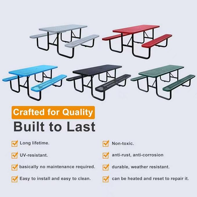 6ft Rectangular Picnic Table – Heavy-Duty Metal Mesh Outdoor Dining Table, Thermoplastic Coated Steel, Outdoor Living, Parks & Schools (Black, 6ft)