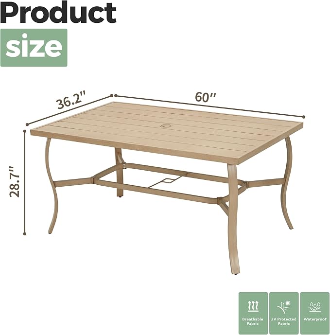 6-Person Outdoor Dining Table, Aluminum Rectangle Outdoor Dining Table with 2.2" Umbrella Hole, Rustproof Aluminum Patio Dining Table for 6, All-Weather for Garden Yard Poolside, Beige