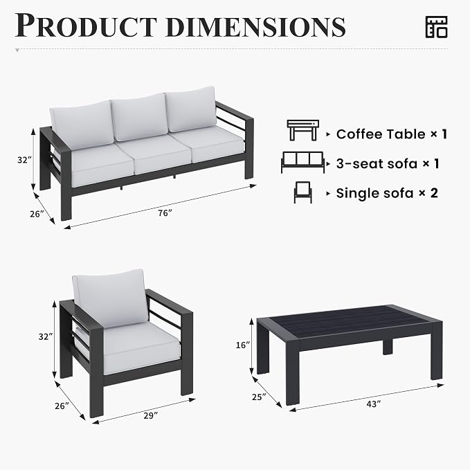 Aluminum Patio Furniture Set, 6 Piece Metal Outdoor Furniture Set, Patio Set with Waterproof Covers for Backyard Garden