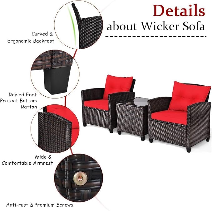 HOMGX 3 Pieces PE Rattan Wicker Patio Sofa Chairs, Outdoor Furniture Conversation Sets with Washable Cushion & Glass Table, Rattan Sofa Set for Balcony, Porch, Yard, Backyard, Lawn, (Red)