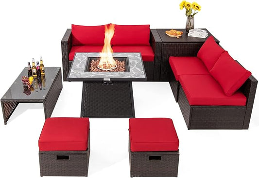 Tangkula 9 Pieces Outdoor Patio Furniture Set with 35-Inch Propane Fire Pit Table, Outdoor PE Wicker Sectional Sofa Set with Storage Box and Cushions, 50,000 BTU Gas Fire Pit Table (Red)