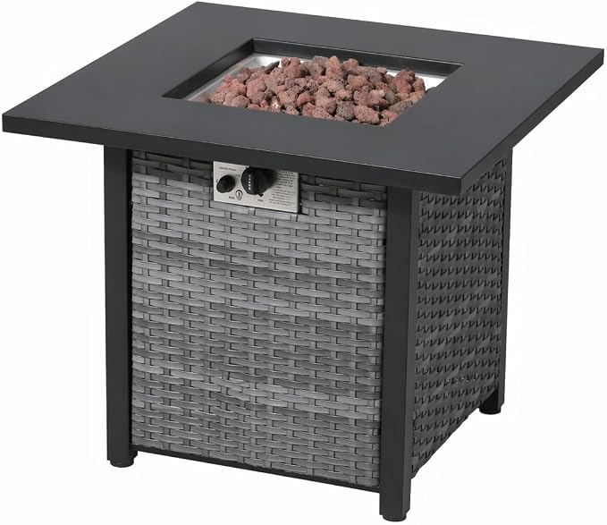 Square PE Rattan Propane Fire Pit Table, 30 Inch Outdoor Gas Firepit Table with Metal Tabletop & Lava Rocks, 50000 BTU Weather Resistant Patio Fire Pit for Backyard Garden Deck Porch