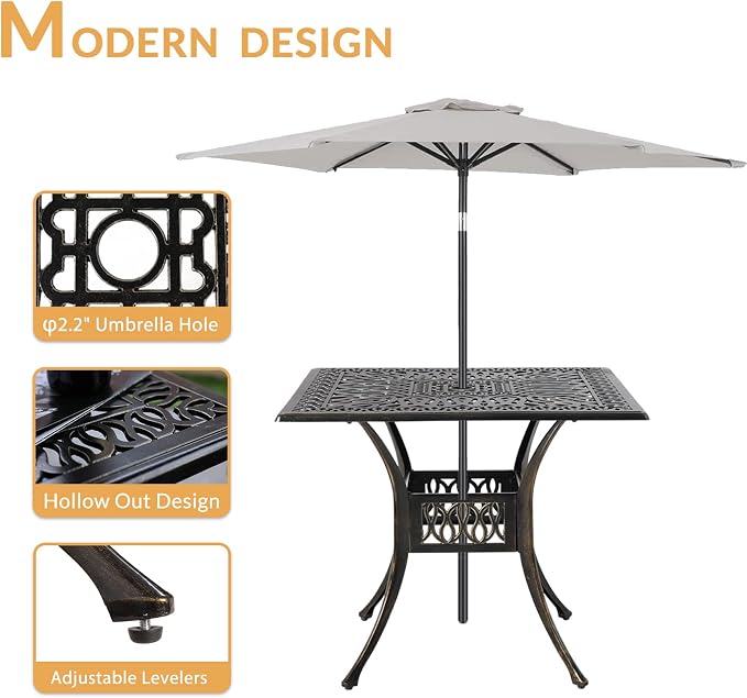 Outdoor Cast Aluminum Patio Table, 35.4” Square Bistro Table with 2.2’’ Umbrella Hole for Patio Furniture Garden Deck Backyard