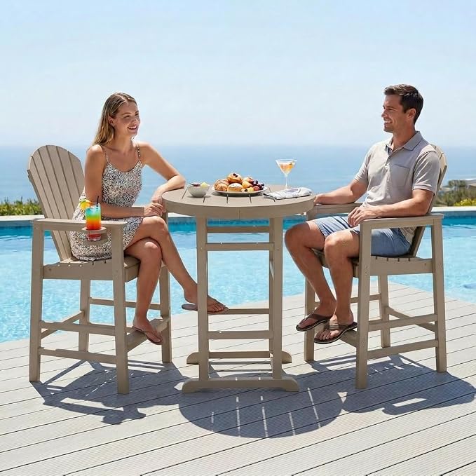 3-Piece HDPE Bar Height Table and Chairs Set, 31.1" Square High Top Pub Table with Umbrella Hole, 2 Adirondack Charis with Cup Holders, Outdoor Patio Dining Set for Bistro Backyard Deck Natural