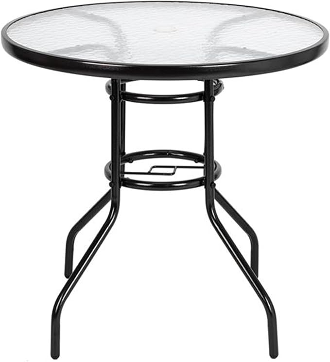 31.5" Round Outdoor Dining Table, Toughened Glass Patio Table with Umbrella Hole for Yard and Garden