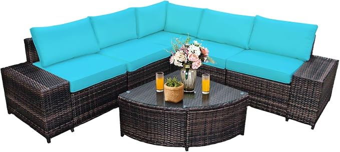 Tangkula 6 Piece Wicker Patio Furniture Set, Outdoor All Weather PE Rattan Conversation Set w/Tempered Glass Coffee Table, Sectional Sofa Set w/Comfortable Cushions for Backyard, Garden (Turquoise)