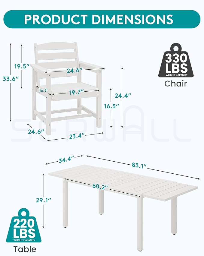 SERWALL 60" - 83" Expandable Outdoor Dining Table and 6 HDPE Chairs, White | Outdoor Dining Set for 6, All Weather Aluminum and HDPE Outdoor Furniture Set, Extendable Patio Dining Table
