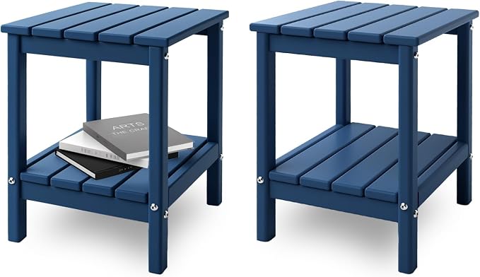 IVY&LANE Adirondack Outdoor Side Tables Set of 2 | HDPE Plastic | Patio End Table with Storage | 2-Shelf | Weather Resistant | Blue | 14 x 13 Inches | for Outside Porch Backyard Indoor