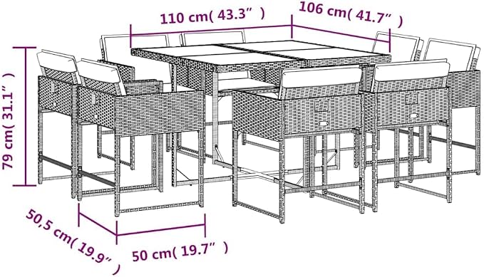 9 Piece Patio Dining Set with Cushions Brown Poly Rattan Outdoor Rattan Furniture Set for Garden Backyard Deck, Tempered Glass Table and 8 Folding Chairs with Cream White Cushions UV Proof