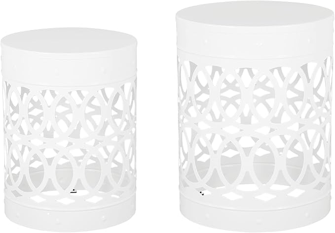 IRONORA Set of 2 White Metal Outdoor Side Tables, Round Patio End Tables, Weather Resistant Accent Stools, Geometric Cutout Design, Indoor & Outdoor Decorative Tables for Garden, Balcony, Living Room