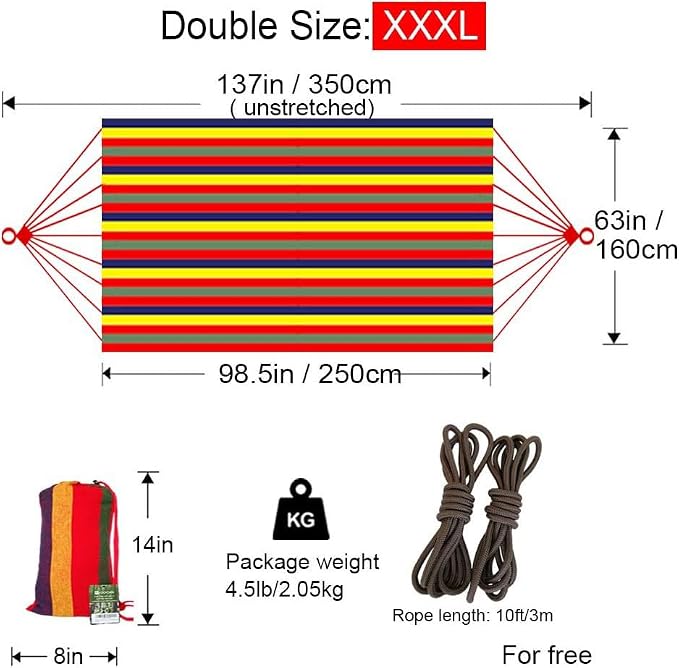 GOCAN Brazilian Double Hammock 2 Person Extra Large Canvas 250x160cm Total Length 350cm Load 500lb Cotton Hammock for Garden Outdoor and Indoor