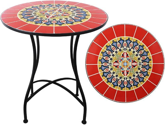 24 Inch Mosaic Patio Round Side Table with X-Curved Legs Indoor and Outdoor Accent End Table for Yard, Garden, Living Room, Bistro, B - Red Mandala