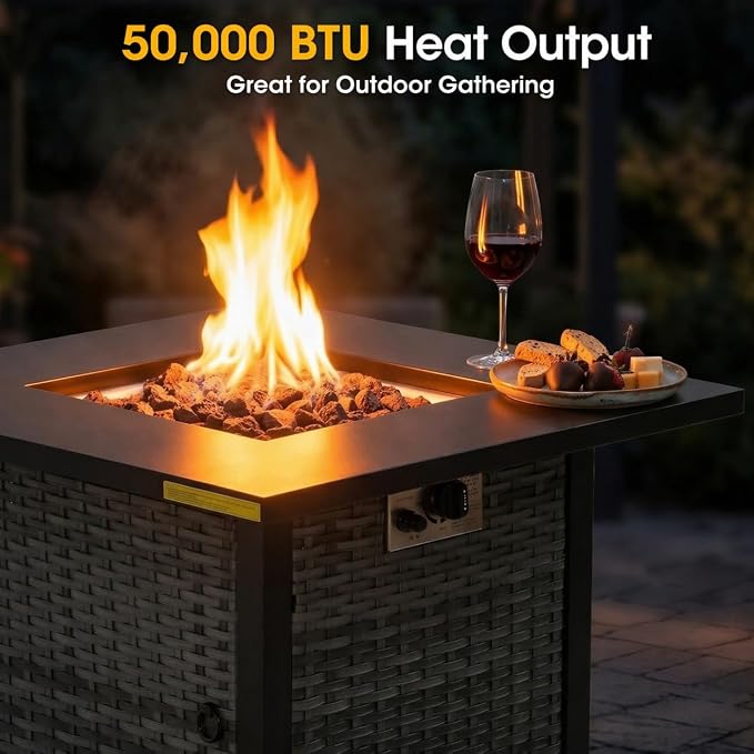 Square PE Rattan Propane Fire Pit Table, 30 Inch Outdoor Gas Firepit Table with Metal Tabletop & Lava Rocks, 50000 BTU Weather Resistant Patio Fire Pit for Backyard Garden Deck Porch