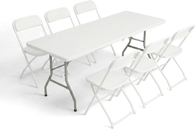 8 FT Plastic Folding Table Set with 6 White Folding Chairs for Picnic, Party, Training, Outdoor Activities, at Home and Commercial Use