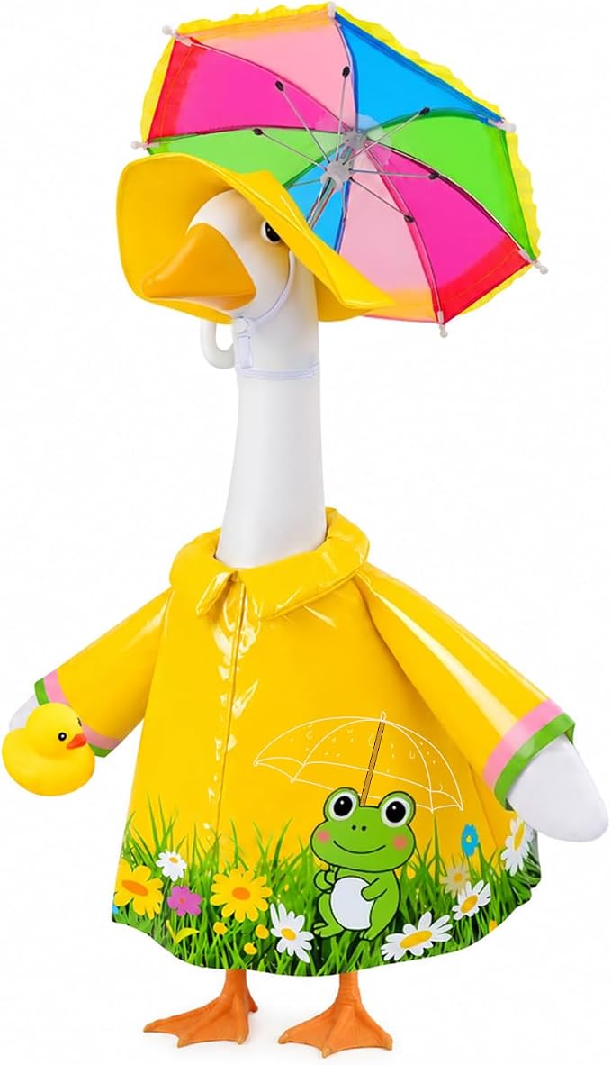 GJL Raincoat Porch Goose Outfits Fit 23 Inch Plastic Cement Goose Statue, Lawn Goose Clothes Set with Umbrella and Hat for Spring Summer Outdoor Yard Garden Decor