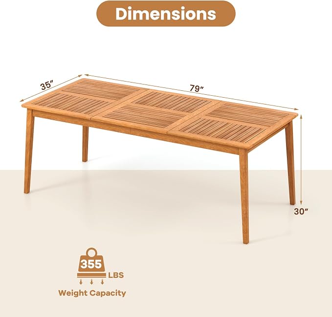 HAPPYGRILL Outdoor Acacia Wood Dining Table for 8 People, 79” x 35” Rectangular Patio Bistro Table with Built-in Umbrella Hole, Wooden Picnic Table for Porch, Garden, Backyard, Natural