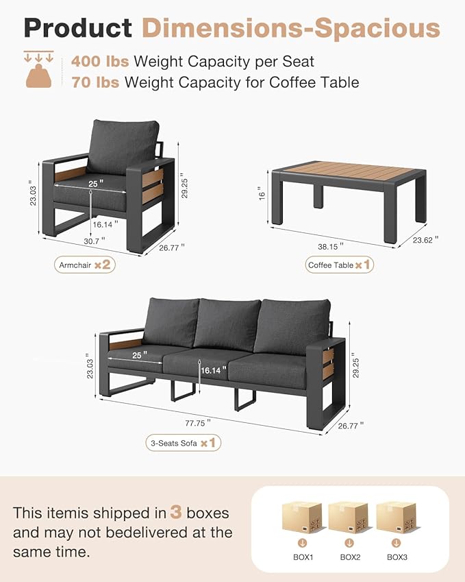 Aoxun Aluminum Patio Furniture Set, 5 Seats Luxury Outdoor Sectional with 6" Olefin Fabric Cushions, Conversation Set with Coffee Table for Garden, Deck Dark Grey