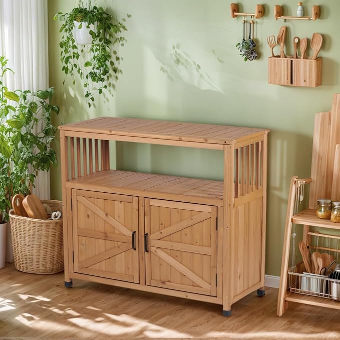 Wooden Outdoor Bar Table with Storage - Weatherproof Patio Cabinet for Deck/Backyard, Multi-Purpose Buffet Sideboard