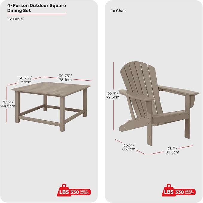Costaelm Patio Conversation Set, Patio Chairs Set of 5 Balcony Firepit Furniture Outdoor Adirondack Square Table and Chair Backyard Furniture Set for Lawn Porch Pool Garden, Weathered Wood
