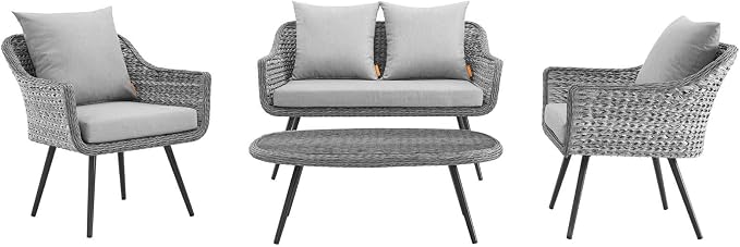 Modway EEI-3177-GRY-GRY-SET Endeavor 4 Piece Outdoor Patio Wicker Rattan Sectional Sofa Set, Gray
