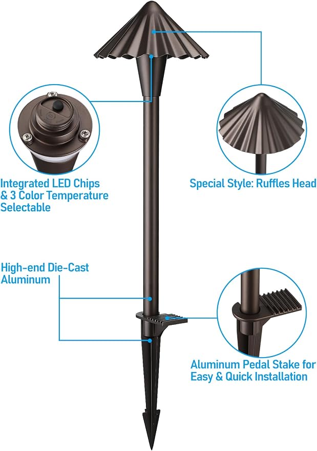 LEONLITE 6-Pack 3CCT Low Voltage LED Pathway Lights, Ruffles Head | 12-24V AC/DC, IP65, LED Landscape Path Lights, for Walkway Yard Garden, 3000K/4000K/5000K, Oil Rubbed Bronze, Aluminum