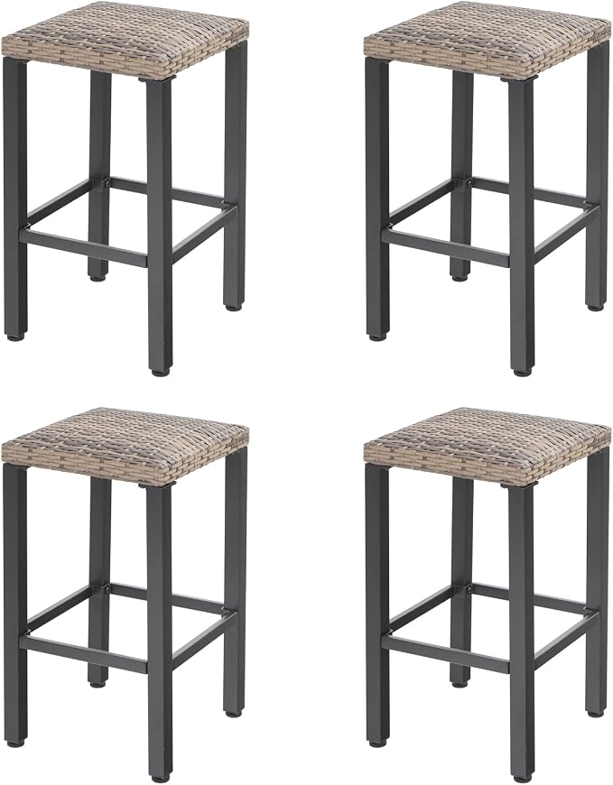 Sophia & William Outdoor Patio Bar Stools Set of 4, Counter Height Backless Rattan Wicker Bar Chairs with Adjustable Feet Mats, Patio Furniture with Metal Frame for Patio Kitchen Dining, 26.4" H