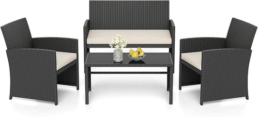 RELAX4LIFE 4-Piece Patio Furniture Set - Wicker Rattan Outdoor Sectional Sofa Set w/Glass Coffee Table, Loveseat, 2 Chairs & Soft Cushions, Bistro Conversation for Garden Porch (1, Black-White)