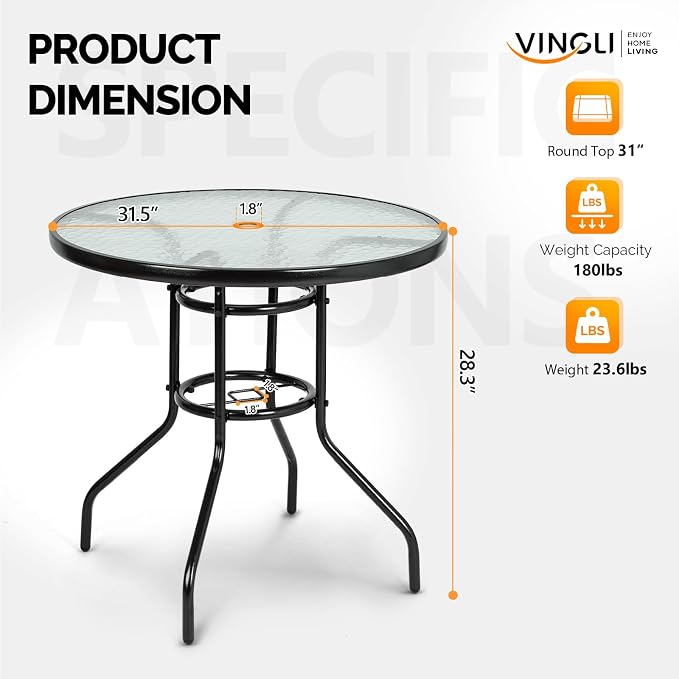 VINGLI Round Patio Table with Umbrella Hole, 32" Outdoor Dining Table Steel Tempered Glass Patio Tables Round Outdoor Tables for Balcony Garden Deck