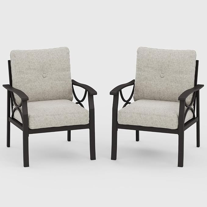 Hassyee 2 Pieces All-Weather Metal Outdoor Conversation Set with Coffee Table and Removable Cushions for Balcony, Patio Furniture Set with Modern Curved Design for Backyard, Lawn (2 Chairs)