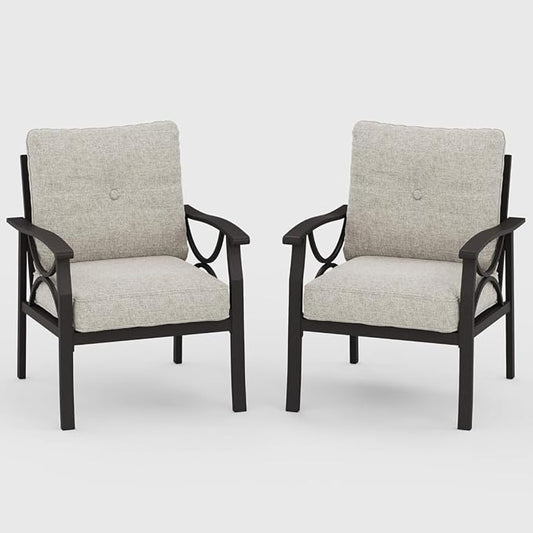 Hassyee 2 Pieces All-Weather Metal Outdoor Conversation Set with Coffee Table and Removable Cushions for Balcony, Patio Furniture Set with Modern Curved Design for Backyard, Lawn (2 Chairs)
